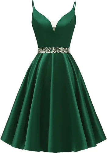 Vestidos cortos de satén para baile de graduación, con tirantes delgados, vestidos de regreso a casa, cuello en V, con cuentas, vestidos de fiesta