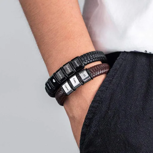 Miniatura 3 de Getname Necklace Pulsera de cuero personalizada para hombre con 1-8 cuentas de nombre personalizadas, pulsera de cuero trenzado con cuentas grabadas