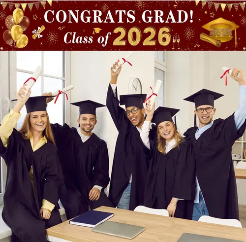 Miniatura 3 de Decoraciones de graduación 2026 Congrats Grad Class of 2026 - Cartel de graduación granate y dorado para patio, decoraciones colgantes