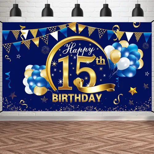 Cartel de cumpleaños número 15 azul dorado para niños, suministros de fiesta de telón de fondo, letrero de fondo para fotos de cumpleaños de 15 años
