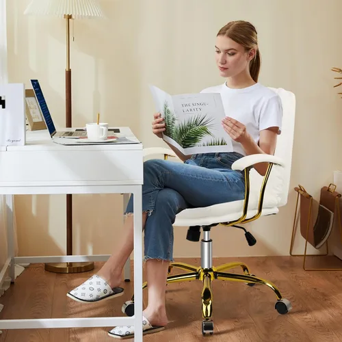 Miniatura 5 de KLASIKA Silla de escritorio de cuero para oficina en casa, silla de tocador de respaldo medio, silla de maquillaje con ruedas doradas y reposabrazos