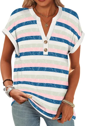 Miniatura 20 de ANRABESS - Camisetas Henley de manga corta para mujer, cuello en V, elegantes, estilo informal, de corte suelto; blusas fluidas de verano, ropa