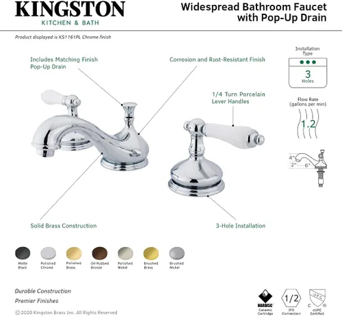 Miniatura 3 de Kingston Brass KS1165PL Heritage - Grifo de lavabo generalizado con mango de palanca de porcelana, bronce aceitado, centro ajustable de 8 pulgadas