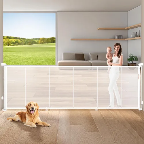 Miniatura 11 de Puertas de bebé retráctiles para escaleras, Pravoluxmax puerta retráctil extra ancha de 78" con varillas de soporte para la casa, puerta de Blanco