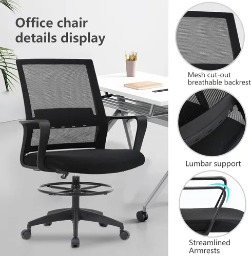 Miniatura 6 de PayLessHere Silla de dibujo Negro Silla de oficina alta con altura de asiento ajustable y reposapiés, respaldo de malla ergonómico, soporte