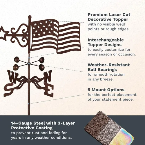 Miniatura 3 de EZ Vane - Veleta de acero con bandera de Estados Unidos, 21 pulgadas de altura, incluye soporte de metal de 4 lados, vasos de viento y soportes