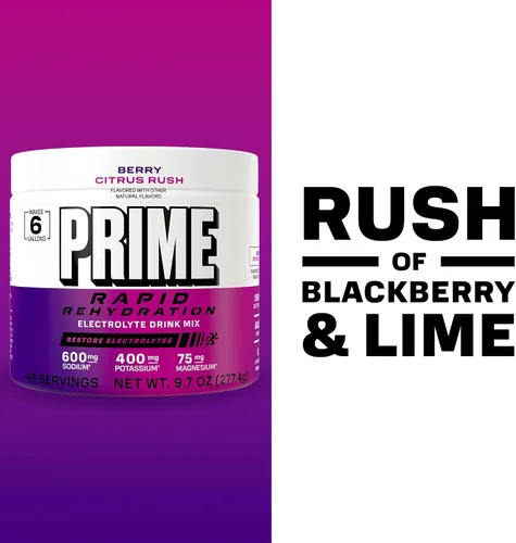 Miniatura 3 de Prime Rapid - Electrolito en polvo de rehidratación, Berry Citrus Rush, mezcla de bebida de hidratación sin azúcar con sodio, potasio, magnesio
