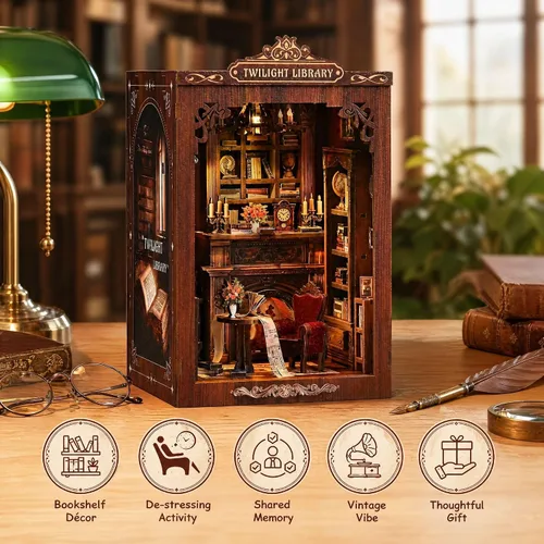 Miniatura 2 de Soothee Kit de manualidades Rincón del libro con luces LED (Biblioteca del Crepúsculo) - Rompecabezas 3D para adultos y adolescentes, miniaturas