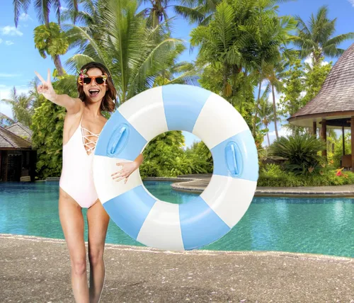 Miniatura 7 de Flotadores inflables de piscina para adultos, paquete de 2 flotadores a rayas, tubos de piscina, anillos de natación con asas, flotador inflable