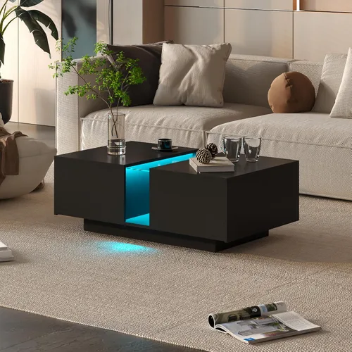 Miniatura 9 de HedoAjim Mesa de centro LED negra para sala de estar, mesa rectangular de sala de estar con almacenamiento, mesas de centro de acrílico con 2