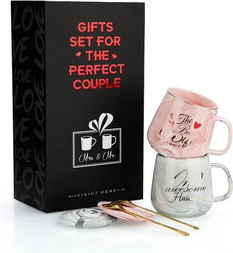Miniatura 2 de Juego de tazas de café con texto en inglés "One Awesome Husband, The Best Wife Ever", regalo único de aniversario, compromiso, boda, para parejas