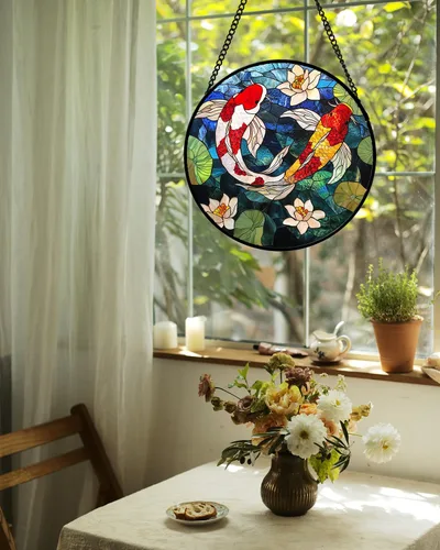 Miniatura 5 de Colgador de vitrales para colgar en ventanas, Koi y Lotus para puerta, decoración del hogar, atrapasoles de peces, Navidad, Día de la Madre, regalos