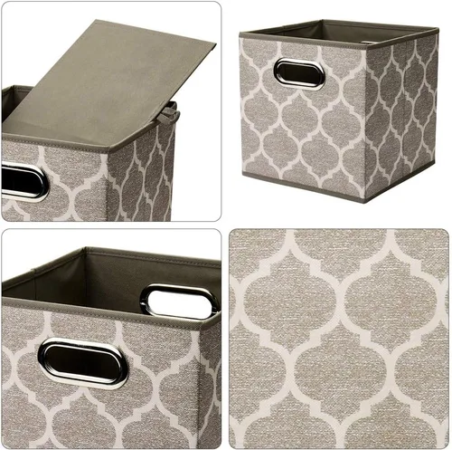 Miniatura 3 de Cubos de Almacenamiento Decorativos 10.5 x 10.5 x 11 Pulgadas Canastas Cúbicas Marrones Patrón de Celosía Cubos de Almacenamiento de Tela Crema Gris