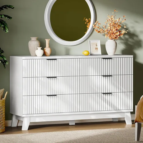 Miniatura 9 de Xixini Cómoda acanalada con 6 cajones, cómoda moderna de 54 pulgadas de ancho con mango de metal, soporte de TV de madera, organizador