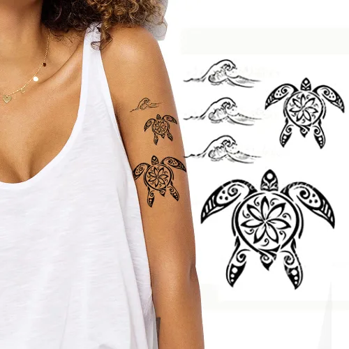 Miniatura 7 de Tatuaje temporal tortugas negro maorí tribal cuerpo arte adhesivo transferencia para brazos hombro azteca polinesio samoano hawaiano para hombres