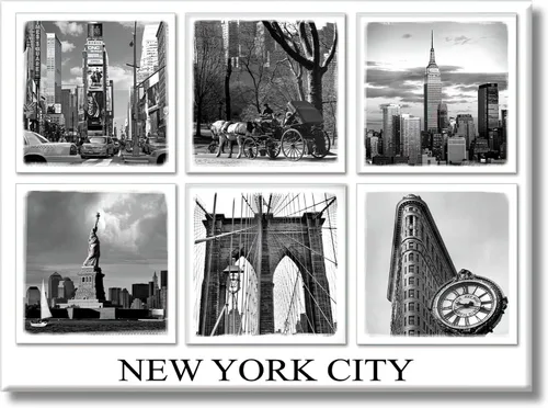 Monumentos famosos de la ciudad de Nueva York BW - Imán de metal para nevera de recuerdo de la ciudad de Nueva York - Monumentos de Nueva York -