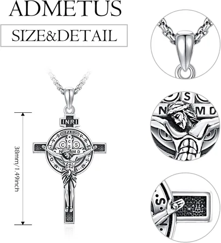 Miniatura 2 de ADMETUS Collar de plata de ley 925 con diseño de santo patrón, collar de amuleto, joyería de cruz para hombre con cadena Rolo de 0.098 in, 22