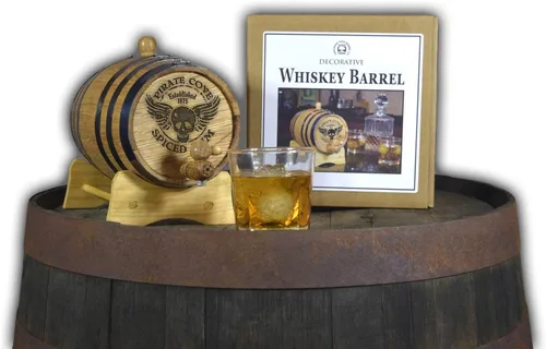 Miniatura 2 de Barril decorativo de ron de roble blanco de 2 litros con soporte de madera, moño y espita Solo para exhibición, decoración de barra de whisky