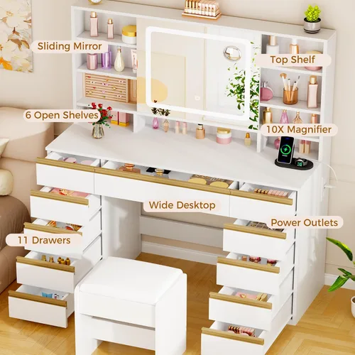 Miniatura 3 de ANWBROAD Escritorio de tocador con espejo deslizante y luces, juego de tocador grande de maquillaje con almacenamiento de joyas, 11 cajones, 6