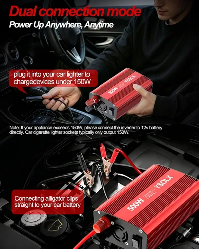 Miniatura 3 de YSOLX Inversor de corriente de 500 W de 12 V a 110 V para vehículos con carga rápida dual USB de 24 W y 2 salidas de CA, ideal para viajes por