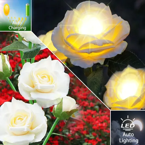 Miniatura 3 de SmilingTown Luces solares de flores para exteriores, impermeables, [actualizadas], paquete de 2 10 rosas blancas, luces decorativas para jardín