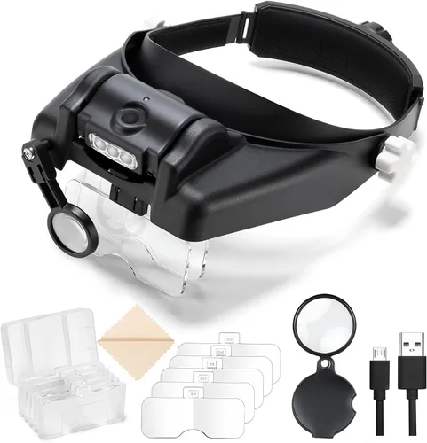 COYLAPY Lupa con luz manos libres, lupa de 1X a 14X para trabajo cercano, auriculares de lupa ajustable con 1x, 1.5X, 2X, 2.5X, 3.5X y lentes