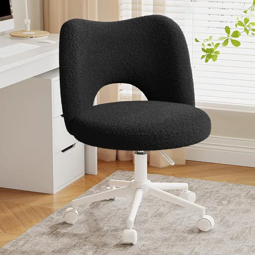 DurayLoly - Pequeña silla de tocador con ruedas silenciosas en negro, linda silla de tocador con respaldo, silla de escritorio ultra-suave de felpa,