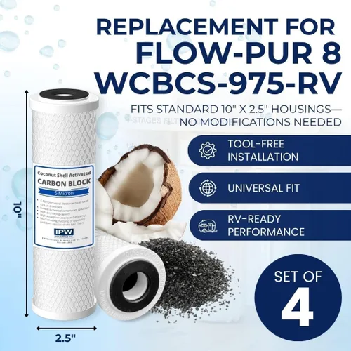 Miniatura 2 de IPW Industries Inc. Paquete de 4 filtros de agua Flow-Pur 8 (WCBCS-975-RV) Filtro de carbón activado para purificador de agua para sistema