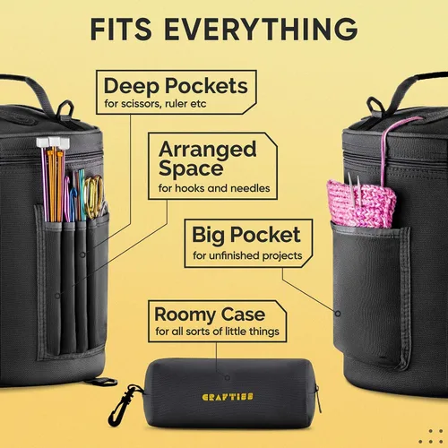 Miniatura 4 de CRAFTISS Organizador de bolsas de ganchillo y bolsa de almacenamiento de hilo, bolsa de punto y soporte de hilo con divisor extraíble, sostiene Negro