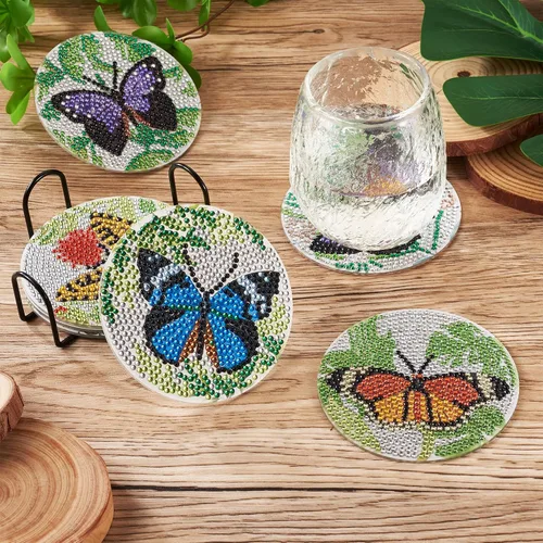 Miniatura 6 de 8 posavasos de pintura de diamante de mariposa 5D con almohadillas de corcho, diamantes de imitación de cristal, posavasos para manualidades