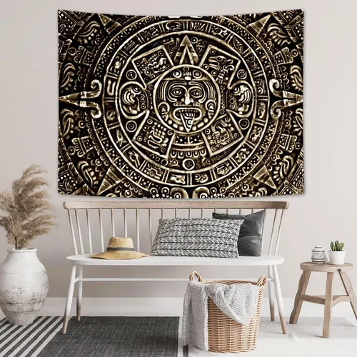 Miniatura 6 de Tapiz maya azteca para colgar en la pared, vista cercana de la historia del antiguo calendario azteca de la civilización maya, decoración artística