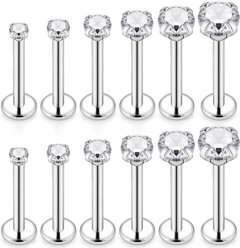 Miniatura 6 de SCERRING - 6 pares de joyería para piercing de acero inoxidable 16 g con configuración de puntas, circonita cúbica transparente con rosca interna