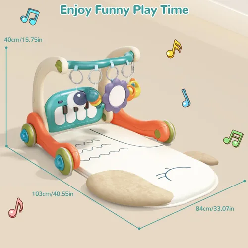 Miniatura 6 de Alfombra de juego 3 en 1 para bebé, piano para patear y jugar, gimnasio con luz musical, tapete de juego de actividad con 5 juguetes sensoriales