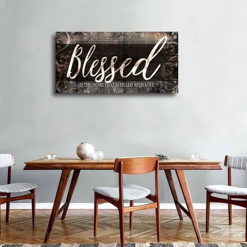 Miniatura 4 de MESESE Arte de pared en lienzo con cita para el hogar bendecido Decoración de pared marrón para sala de estar Blessed is the home Christian Wall
