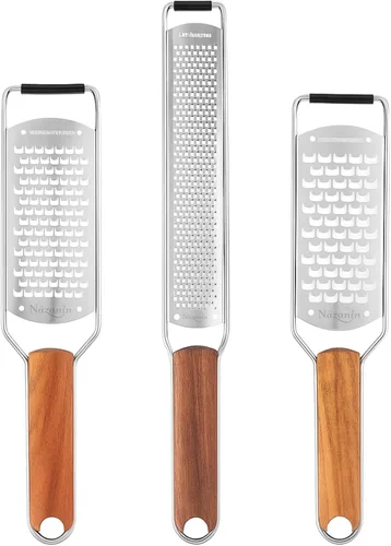 NAZANIN Juego de rallador y rallador de queso de acero inoxidable de 3 piezas con asas de madera de acacia, para parmesano, ralladura de limón,