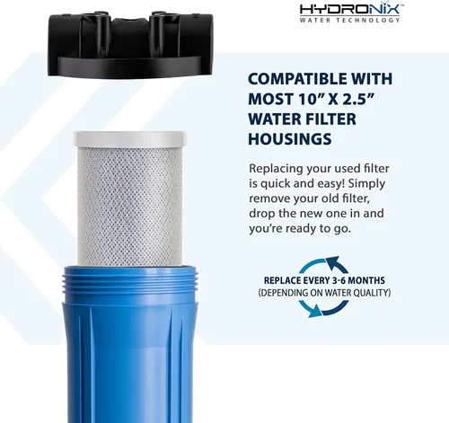 Miniatura 6 de Hydronix CB‑25‑1005 Filtro de agua de bloque de carbono de coco para toda la casa – Cartucho de repuesto de 5 micras para sistemas de RO y agua