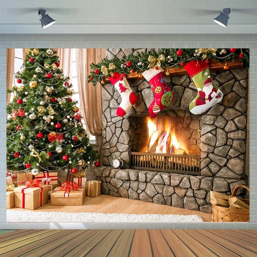 Telones de fondo de fotografía de Navidad de 7 x 5 pies, decoración de chimenea de Navidad para decoración de chimenea, fondo de fiesta de Navidad,