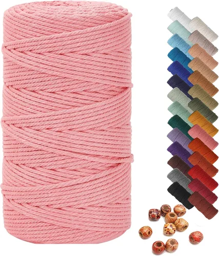 Miniatura 26 de Cordón de macramé de 1/64 pulgadas (0.157 in) de color rosa claro, hilo de algodón natural para tejer a mano a mano, 4 hebras para colgar