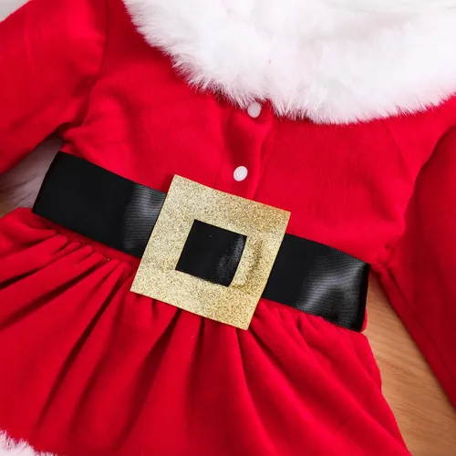 Miniatura 4 de WASAIGOOD Mameluco de Navidad para bebé niña, vestido de manga larga con ribete de piel, traje de terciopelo para Navidad, enterizo de invierno
