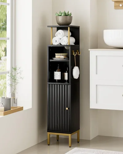 Miniatura 13 de Gabinete de Almacenamiento para Baño, Pequeño Mueble de Esquina de Piso con 2 Ganchos, Gabinete Estrecho para Papel Higiénico con Puerta de Ratán