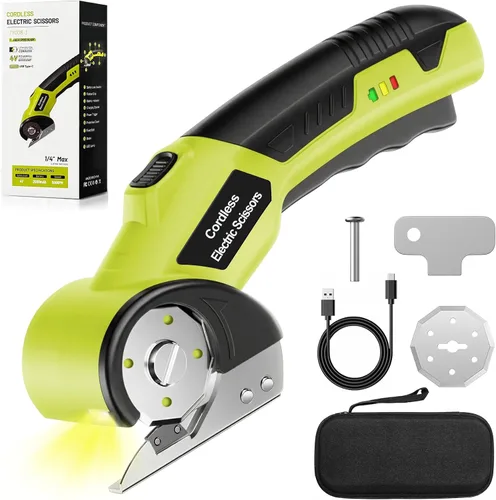 Cortador eléctrico inalámbrico, cortador de tijeras recargable de 4 V con 2 cuchillas giratorias, cable USB, bolsa de almacenamiento, bloqueo de