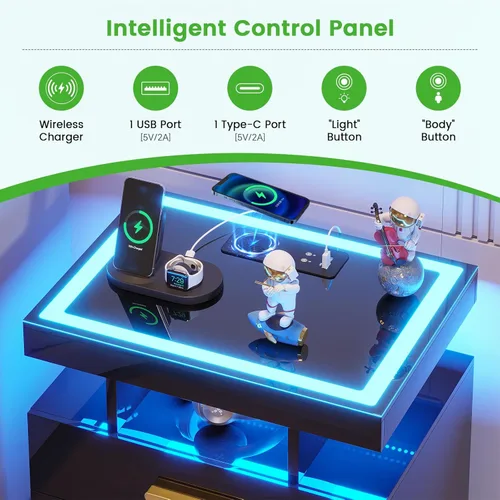 Miniatura 5 de HNEBC Mesita de noche LED con estación de carga, mesita de noche inteligente con luces de sensor de movimiento, 3 cajones, parte superior de vidrio