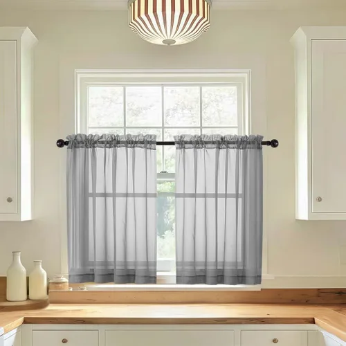 Miniatura 26 de LIVEKID Cortinas traslúcidas negras de cocina de 36 pulgadas de largo, cortinas cortas filtrantes de luz, 2 paneles de gasa aireada, texturizadas