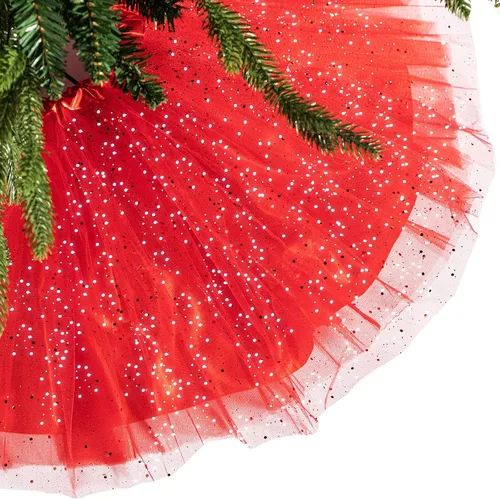 Miniatura 10 de Skylety Falda de árbol de 36 pulgadas para el día de San Valentín, falda redonda de tul con volantes y lentejuelas de doble capa para Año Nuevo, Rosa