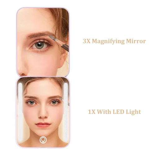 Miniatura 2 de WOBSION Espejo de viaje recargable con luz, espejo de aumento compacto 1x/3x para maquillaje, 3 modos de color, portátil para bolso, bolsillo