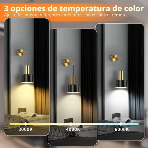 Miniatura 4 de VerRon Juego de 2 apliques de pared a pilas, luces de pared inalámbricas con control remoto, lámparas de pared regulables negras y doradas con Negro