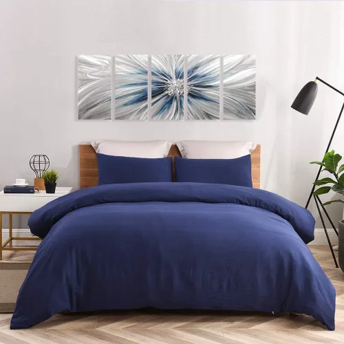 Miniatura 7 de RICHSPACE ARTS Arte moderno de pared de metal grande flor azul y plata escultura decoración con textura 3D juego de 5 piezas Azul y plateado