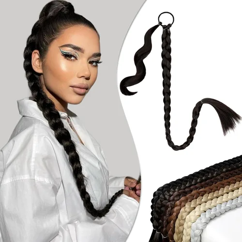 Miniatura 9 de Extensión de cola de caballo larga trenzada con banda para el cabello, color marrón claro, extensiones de cabello sintético suave y natural