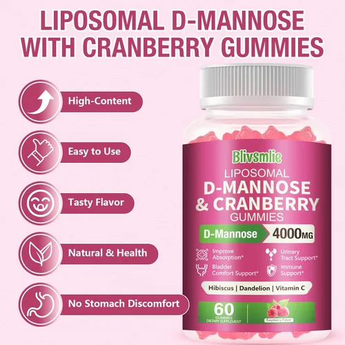 Miniatura 6 de Paquete de 2 gomitas liposomales D-manosa de 4000 mg complejo de arándano 1500 mg e hibisco, fórmula de alta potencia para mujeres tracto urinario