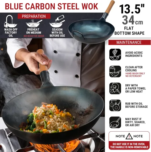 Miniatura 3 de YOSUKATA Wok Pan de acero al carbono azul de 13.5 pulgadas + cubierta de wok de primera calidad con tapa de sartén de 13.5 pulgadas